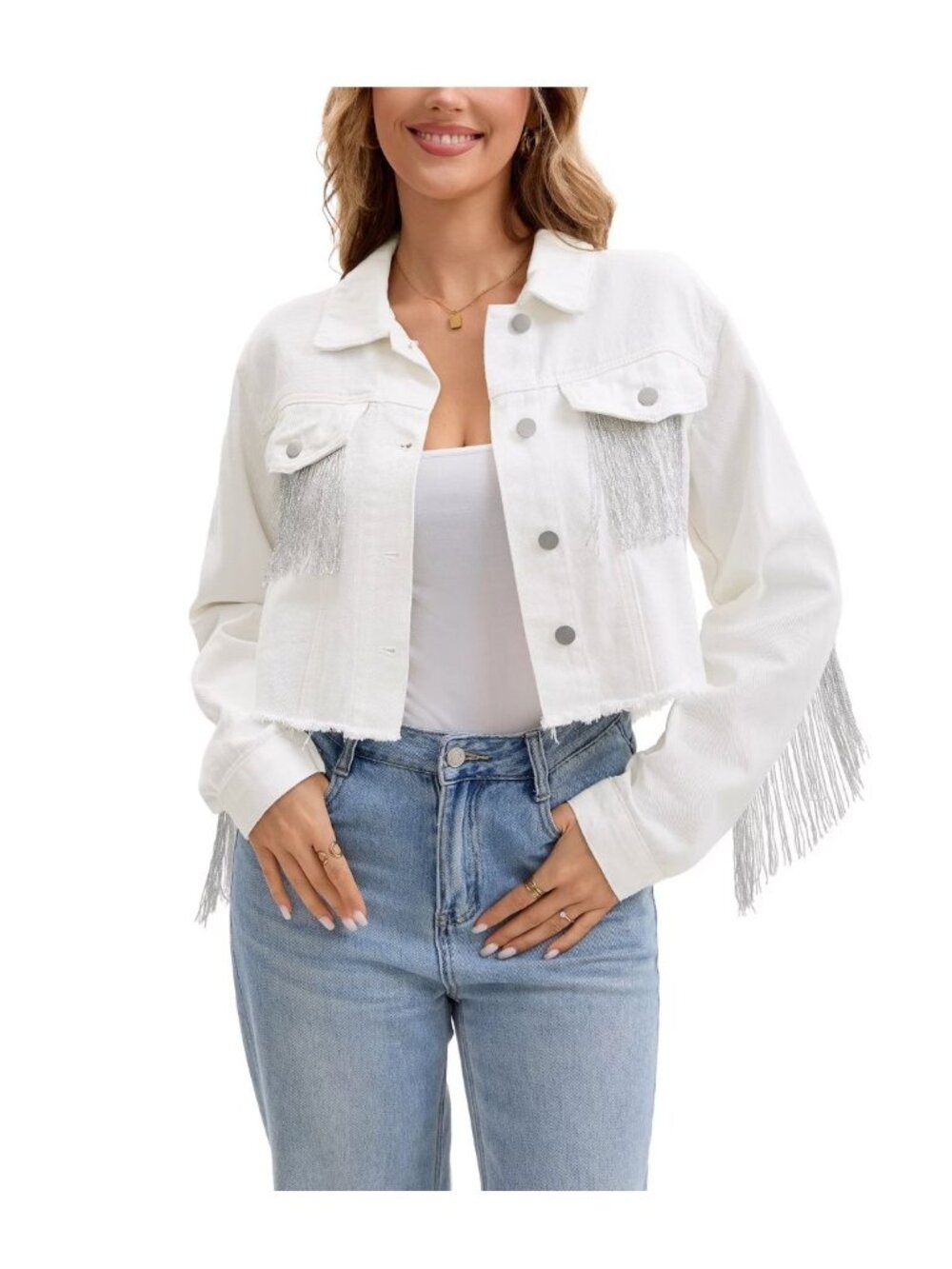 White Fringe Cropped Jean Jacket - Women's Denim Coat